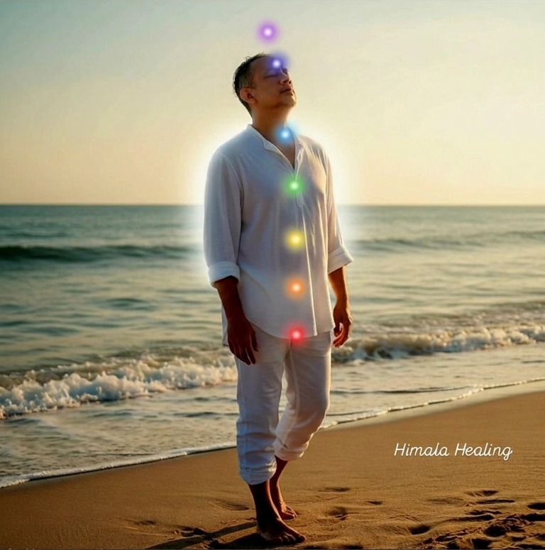 Person in meditation with 7 glowing energy centers